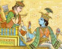 Krishna teaching the yogas to Arjuna