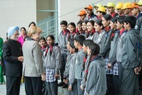 The Prime Minister, Dr. Manmohan Singh and the German Chancellor, Ms. Angela Merkel interacting with the Kendriya Vidyalaya students and teachers from India, at the Federal Chancellery, in Berlin on April 11, 2013.