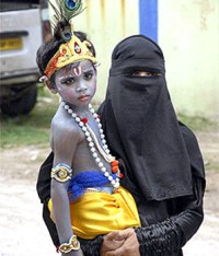 Muslim mother with son on Janamashtami